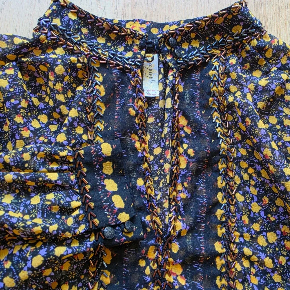 Free People Floral Beaded Peplum Crop Blouse XS Black Yellow Dolman Sleeve